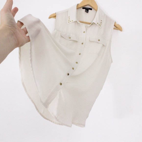 *Forever 21 Y2K Beige Button Up Sleeveless Blouse - Picture 3 of 4